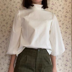 Balloon-sleeve White Mock Neck Blouse